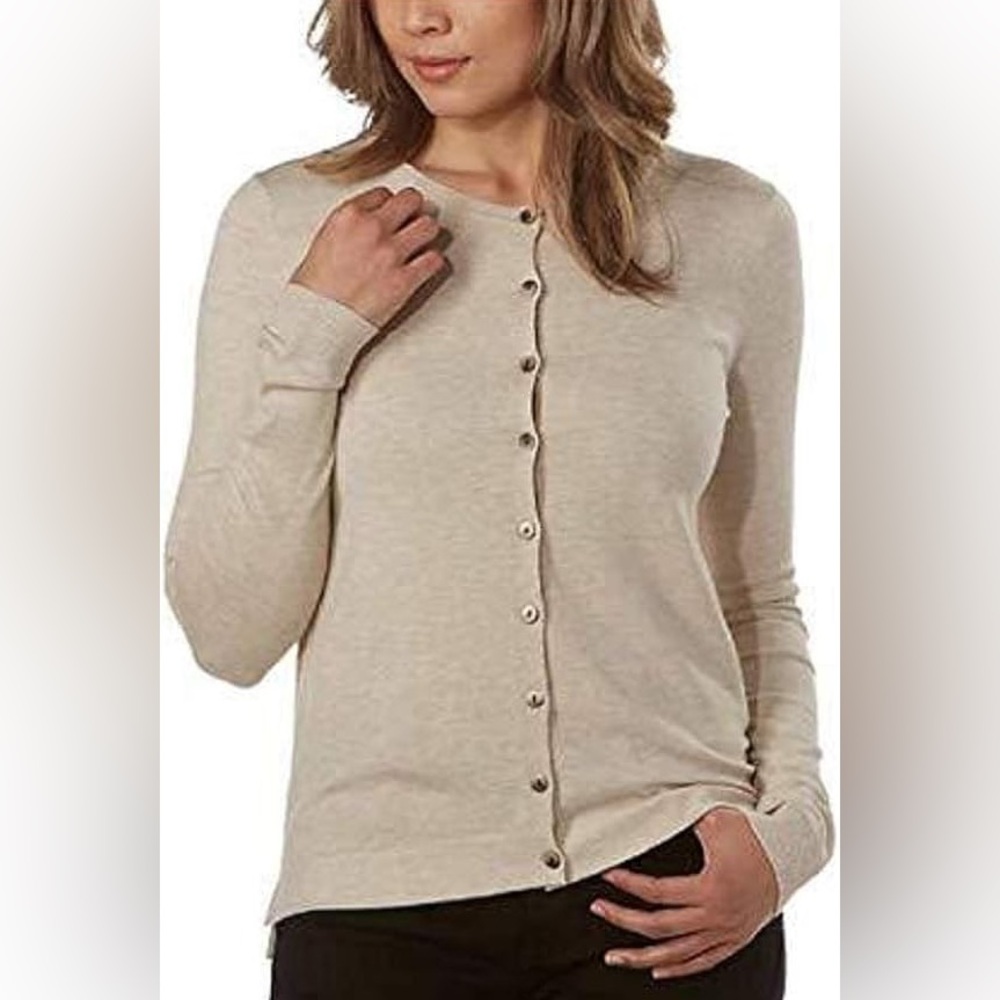 Ladies cardigan sweater by Kirkland Signature in Oatmeal in XXL.